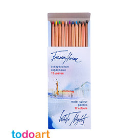 Watercolor pencils, 12 colors in a cardboard box.