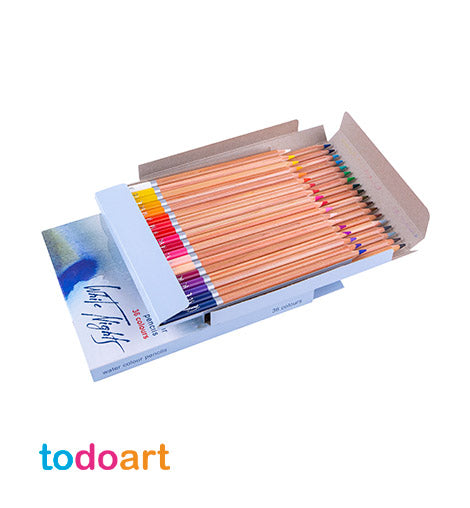 Watercolor pencils, 36 colours, cardboard box.
